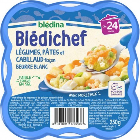 Blédina Blédichef Légumes Pâtes et Cabillaud Façon Beurre Blanc (dès 24 mois) l’assiette de 250g (lot de 8)