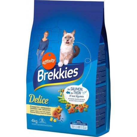 Brekkies Delice Croquettes Croquantes Fourrées aux Crevettes pour Chats au Saumon Thon et Légumes 4Kg