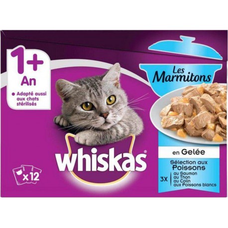 Whiskas 1 ans et Plus Les Marmitons en Gelée Sélection aux Poissons par 12