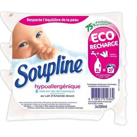 Soupline Concentré Recharge Hypoallergénique au Lait d’Amande Douce par 3 berlingots de 200ml