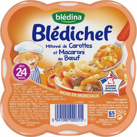 Blédina Blédichef Mitonné de Carottes et Macaroni au Boeuf