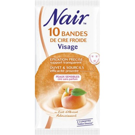 Nair 10 Bandes de Cire Froide Visage Peaux Sensibles Cire Sans Parfum au Lait d’Abricot Adoucissant